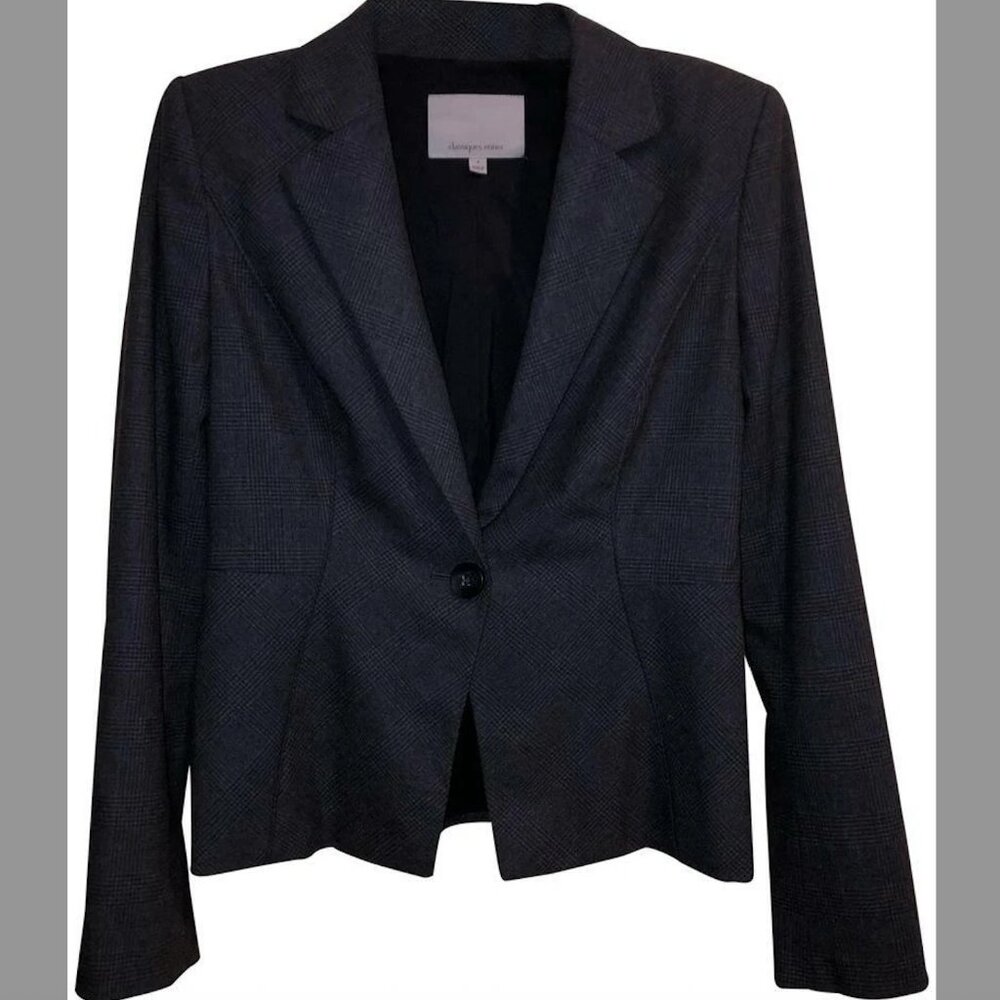 Classiques Entier Size 6 Gray Plaid One Button Lined Wool Blend Blazer Zoom